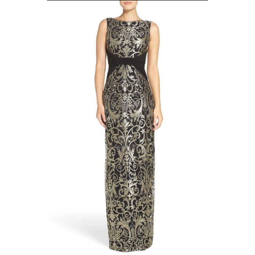 NEW Adrianna Papell Embroidered Gold and Black Column Gown Formal Dress Size 10